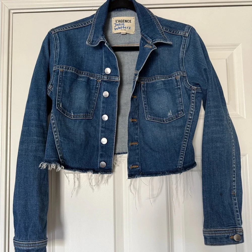 L’AGENCE Zuma Cropped dark blue jean Denim Jacket S Raw Edge Button Front - Picture 2 of 6